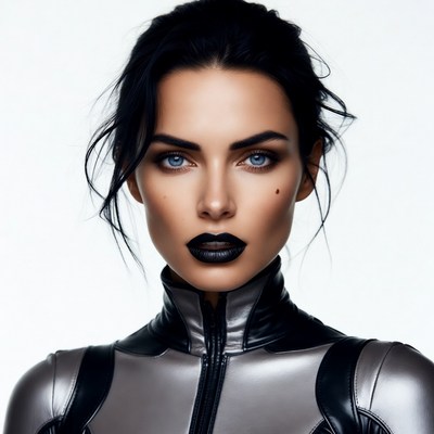 Woman in silver latex catsuit