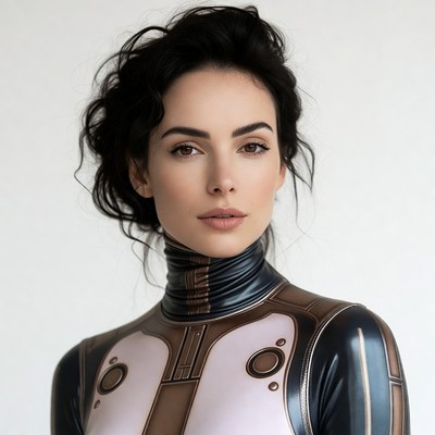 Woman in futuristic black bodysuit