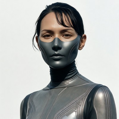 Asian woman in futuristic silver bodysuit