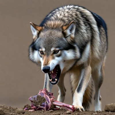 Gray wolf snarling over raw meat