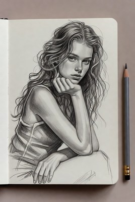 Pencil sketch of thoughtful young woman