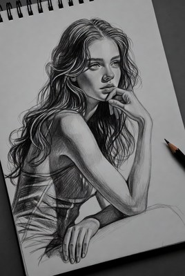 Pencil sketch of thoughtful woman