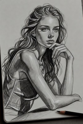 Pencil sketch of thoughtful young woman