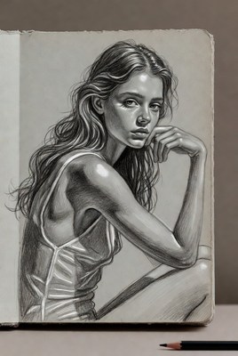 Pencil sketch portrait of thoughtful woman