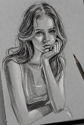 Pencil sketch of thoughtful young woman