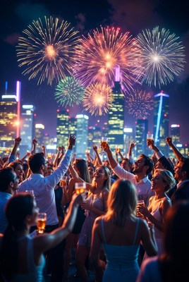Crowd cheering with fireworks over city skyline