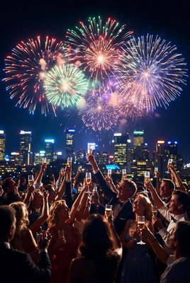 Crowd toasting with champagne fireworks skyline