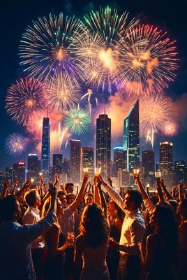 Crowd cheering fireworks over city skyline