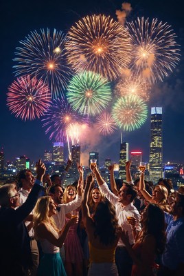 Crowd cheering fireworks over city skyline