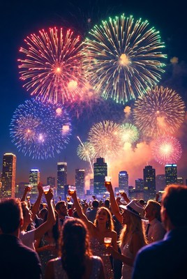 Crowd cheering fireworks over city skyline