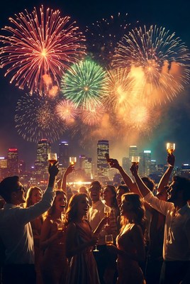 Crowd toasting with champagne under fireworks