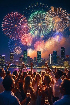 Crowd cheering fireworks with champagne skyline