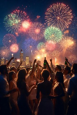 Crowd cheering fireworks with champagne
