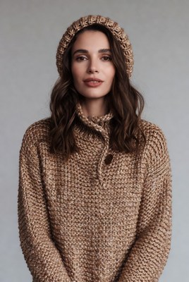 Woman in Beige Knit Beanie Sweater