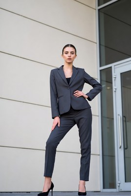 Woman in gray suit posing outside