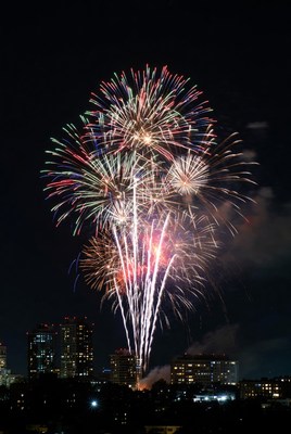Colorful Fireworks Over City Skyline