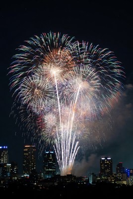 Vibrant Fireworks over City Skyline