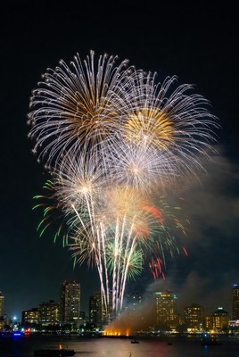 Colorful Fireworks over City Skyline