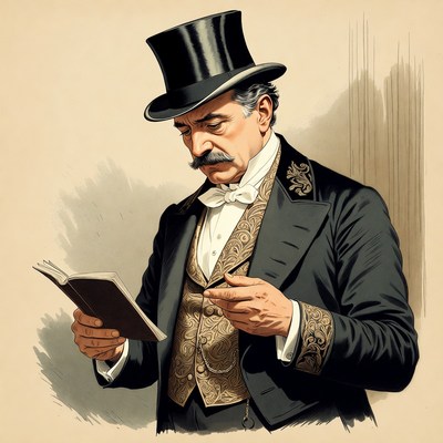Victorian man reading book in top hat