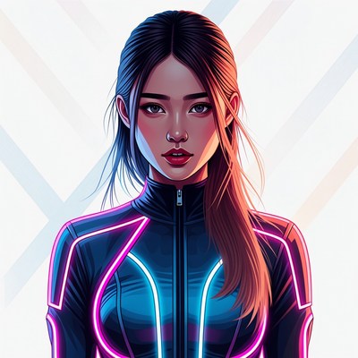 Asian woman in neon cyberpunk suit