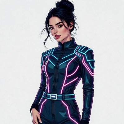 Asian woman in neon cyberpunk suit