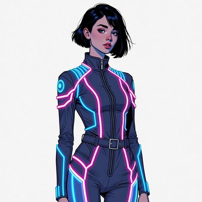 Asian woman in neon cyberpunk bodysuit
