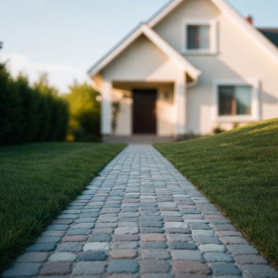 Beige House with Cobblestone Pathway