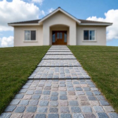 White House with Cobblestone Path on Hill