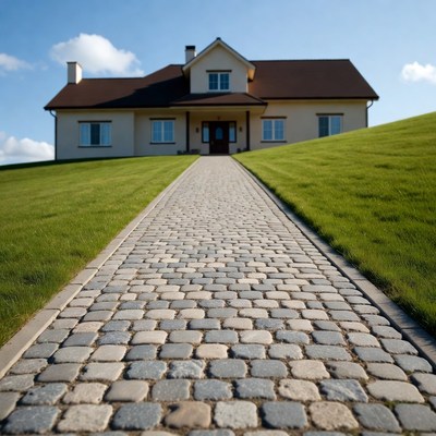 Yellow House with Cobblestone Path