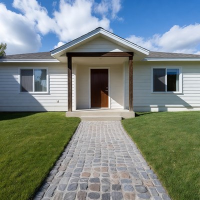 White house with stone pathway
