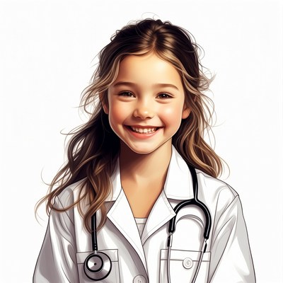 Smiling girl in white doctor's coat