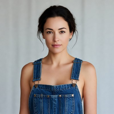 Woman in blue overalls