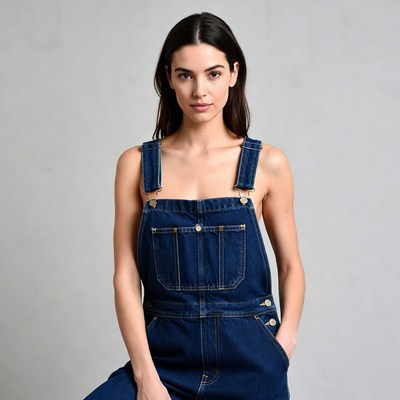 Woman in blue overalls