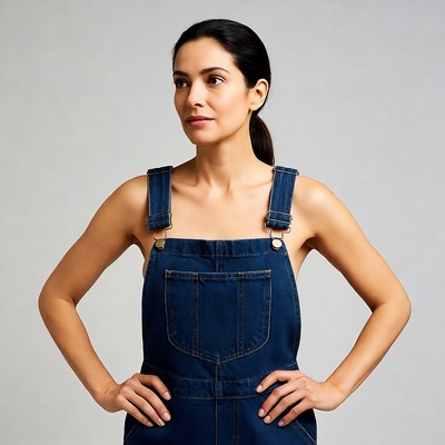 Woman in denim overalls on gray background