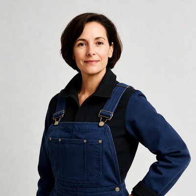 Woman in blue overalls smiling