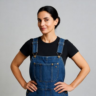 Woman in blue overalls smiling