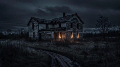 Abandoned house glowing at night