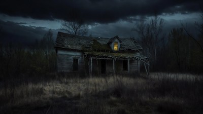 Abandoned House with Lit Window at Night