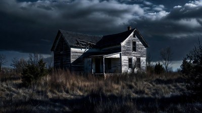 Abandoned house in stormy field