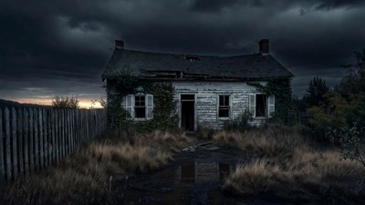 Abandoned house in stormy field