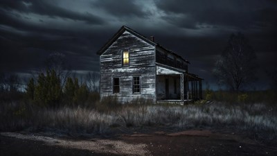Abandoned house with lit window at night
