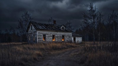 Abandoned House in Stormy Night Field