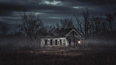 Abandoned House in Foggy Night Forest