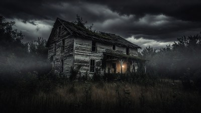 Abandoned haunted house in stormy fog