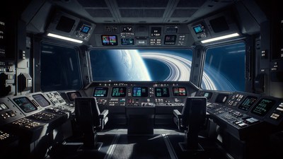Spaceship cockpit with Saturn view