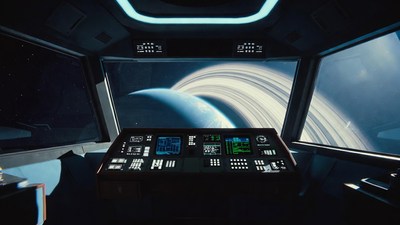 Spaceship Cockpit with Ringed Planet View