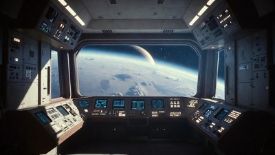 Spaceship Cockpit Viewing Icy Planet