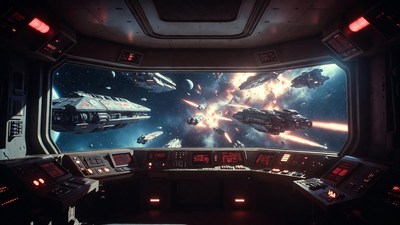 Spaceship Cockpit Space Battle View