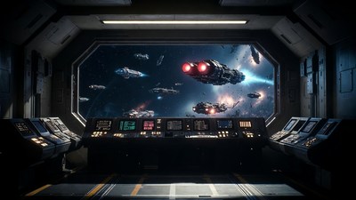 Spaceship Bridge with Space Battle View