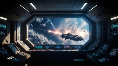 Spaceship Bridge View of Battling Warship